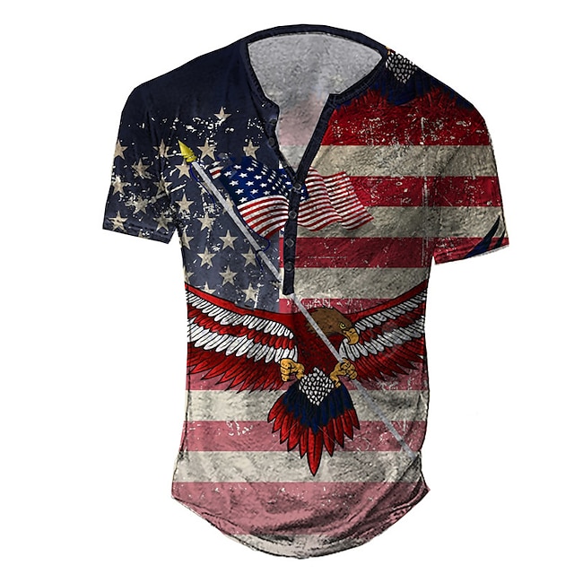 

Men's Henley Shirt Tee T shirt 3D Print Graphic Eagle National Flag Plus Size Henley Daily Sports Button-Down Print Short Sleeve Tops Basic Casual Classic Designer Red