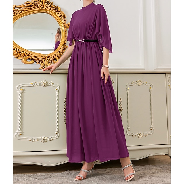 

Women's A Line Dress Maxi long Dress Purple Short Sleeve Solid Color Chiffon Spring Summer Crew Neck Elegant Luxurious Elegant Mesh S M L XL / Party Dress