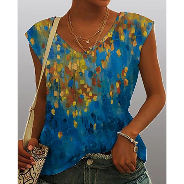 

Women's Painting T shirt Graphic Patchwork Print V Neck Basic Tops Blue / 3D Print