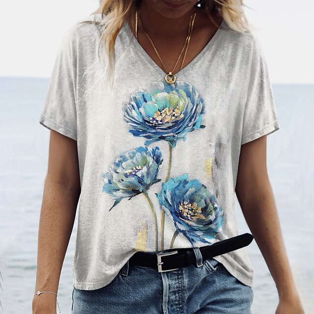 

Women's Floral Theme Painting T shirt Floral Print V Neck Basic Tops Gray / 3D Print