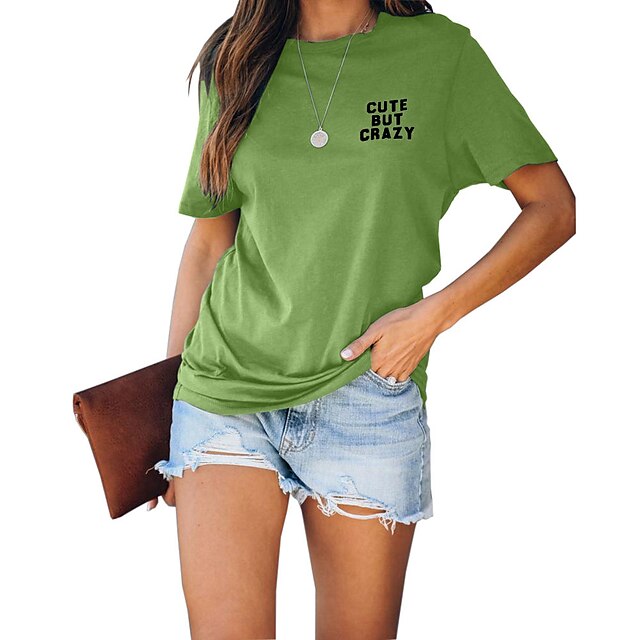 

Women's T shirt Text Print Round Neck Basic Tops Green Blue White
