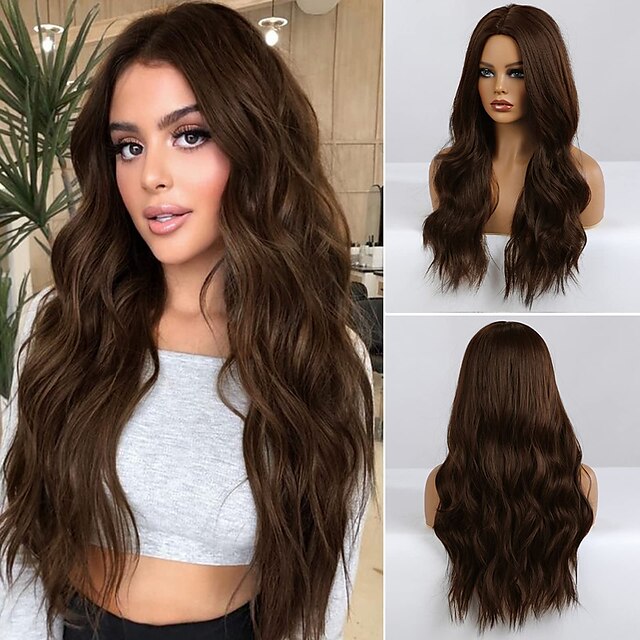 Beauty & Hair Wigs & Hair Pieces | Gradient Brown Wig Women Long Wavy Wig Mid Wavy Wig Synthetic Heat Resistant Party Wig - FE97