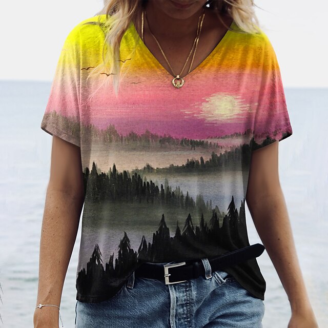 

Women's Abstract 3D Printed Painting T shirt Scenery 3D Print V Neck Basic Tops Yellow