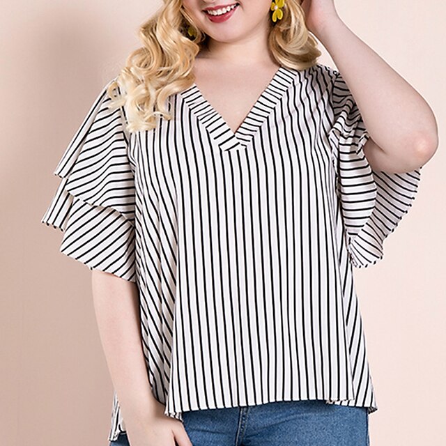

Women's Plus Size Tops T shirt Striped Ruffle Print Half Sleeve V Neck Streetwear Daily Going out Polyester Spring Summer Black