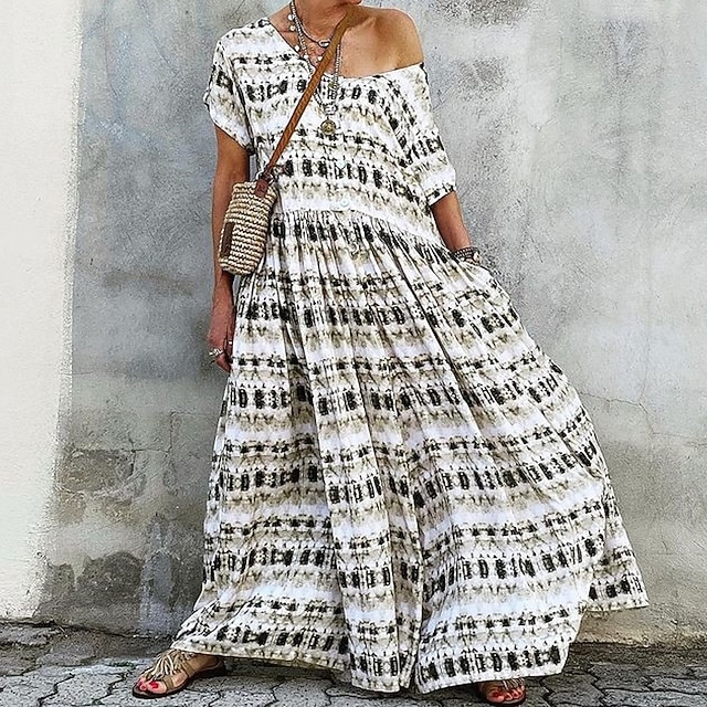 

Women's Swing Dress Maxi long Dress Gray Short Sleeve Geometric Print Spring Summer V Neck Stylish Casual 2022 S M L XL