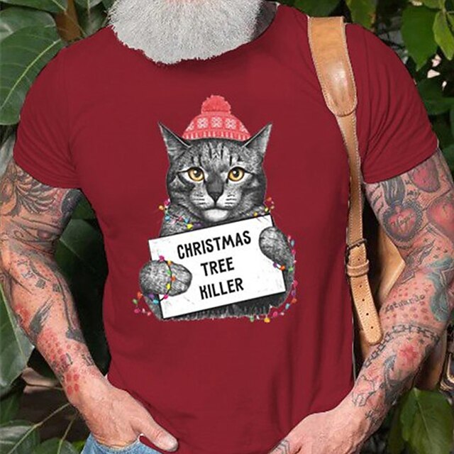 

Men's T shirt Hot Stamping Cat Graphic Crew Neck Casual Daily Print Short Sleeve Tops Lightweight Fashion Big and Tall Sports Red