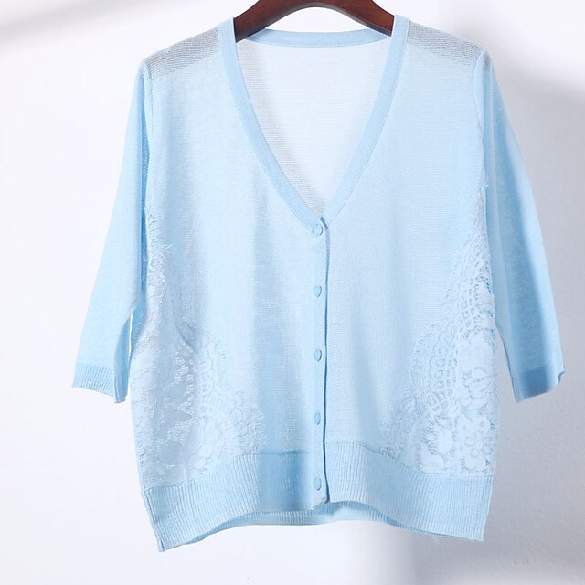 

Women's Cardigan Knitted Button Pure Color Stylish Elegant Casual Short Sleeves Sweater Cardigans V Neck Spring Summer Blue White Black