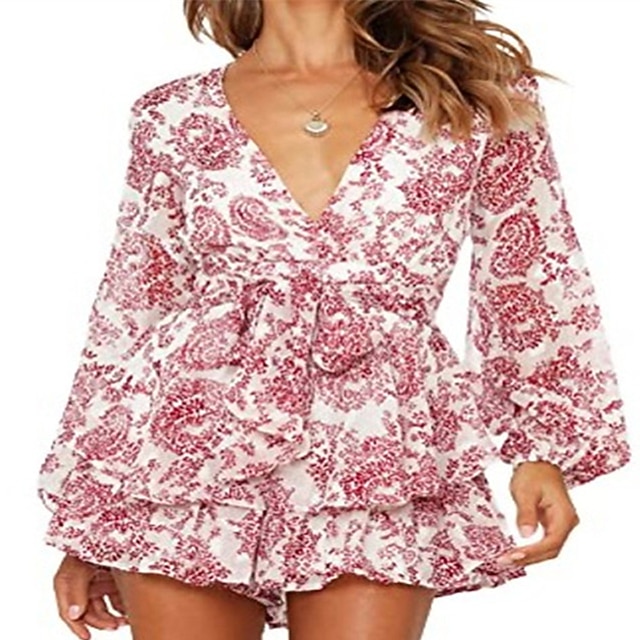 

Women's Romper Lace up Ruffle Floral V Neck Casual Street Daily Regular Fit Long Sleeve White Black Gray S M L Fall