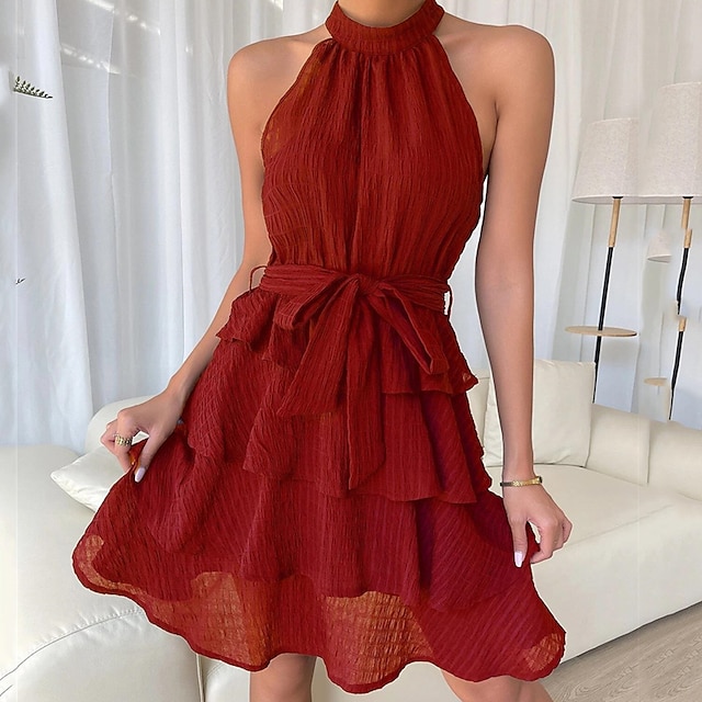 

Women's A Line Dress Short Mini Dress Blue Red Sleeveless Pure Color Layered Ruffle Spring Summer Halter Neck Elegant Classic 2022 S M L XL