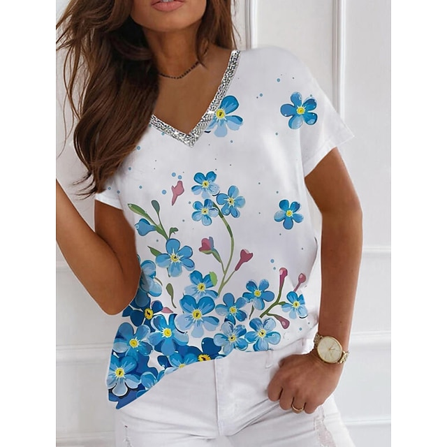 

Women's Floral Theme T shirt Floral Print V Neck Basic Tops Blue White / 3D Print