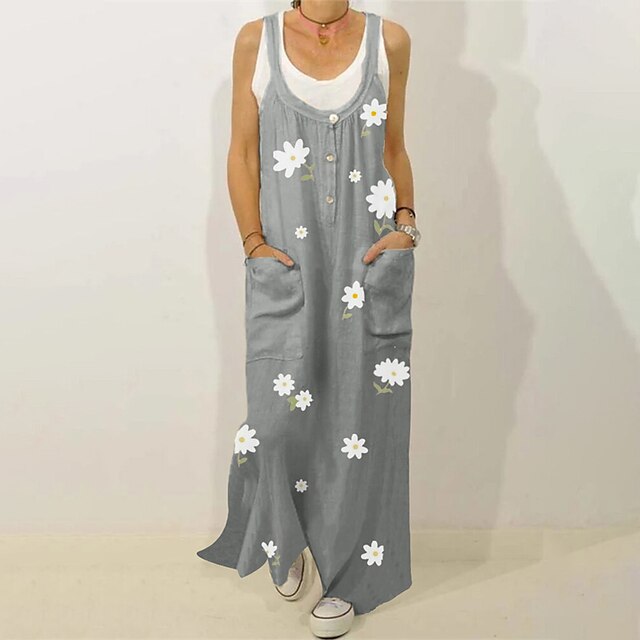 

Women's Sheath Dress Maxi long Dress Green Gray Sleeveless Floral Pocket Button Print Fall Summer Crew Neck Stylish Casual 2022 M L XL XXL 3XL