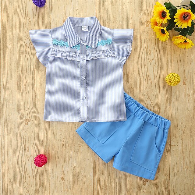 

Kids Girls' Children's Day Shirt Shorts Clothing Set 2 Pieces Sleeveless Blue Stripe Vacation Outdoor Casual Fashion Regular 1-5 Years