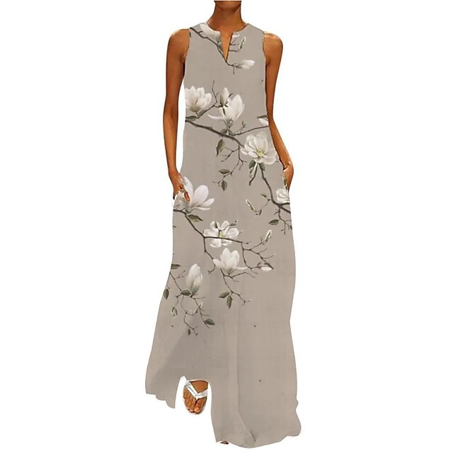 

Women's Shift Dress Maxi long Dress Green Blue White Khaki Yellow Sleeveless Floral Pocket Print Spring Summer V Neck Stylish Elegant 2022 S M L XL XXL 3XL