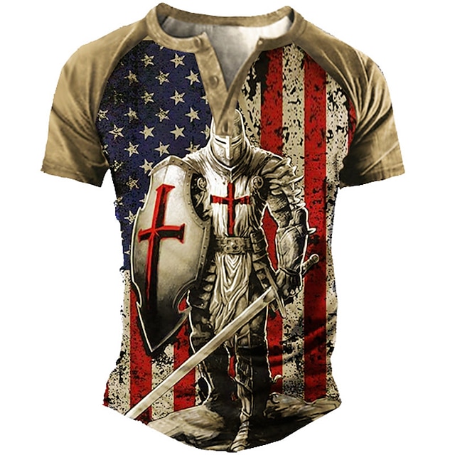 

Men's Henley Shirt T shirt 3D Print Graphic Soldier Henley Casual Daily Button-Down Print Short Sleeve Tops Fashion Vintage Big and Tall Military Style Khaki / Summer