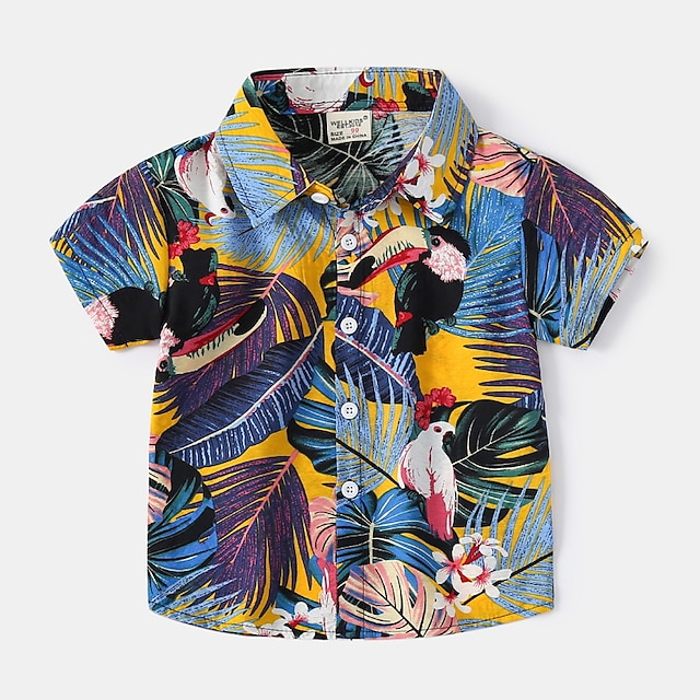 Baby & Kids Boys Clothing | Kids Boys Shirt Short Sleeve Floral Leaf Bird Purple Children Tops Spring Summer Active Daily Indoor