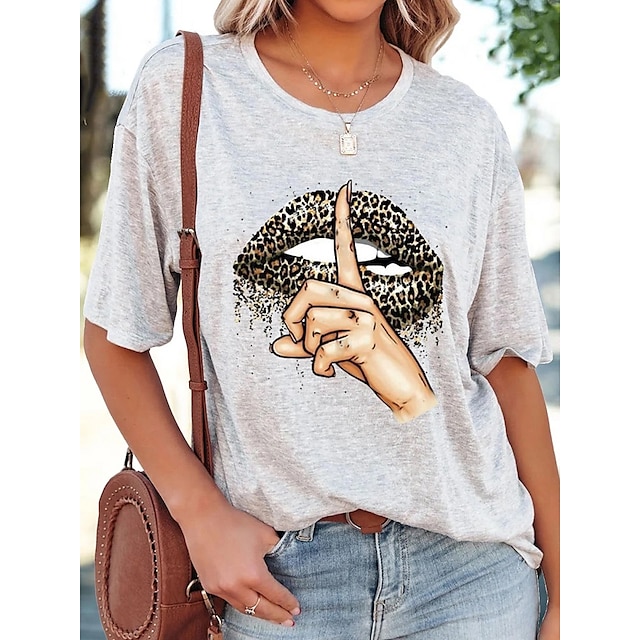 

Women's T shirt Mouth Print Round Neck Basic Tops White / 3D Print