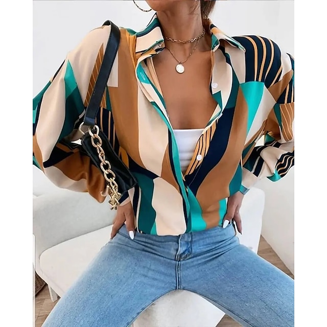 

Women's Geometric Blouse Shirt Geometric Button Print Shirt Collar Casual Streetwear Tops Brown / 3D Print