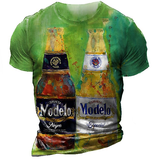 

Men's T shirt 3D Print Graphic Beer Crew Neck Casual Daily Print Short Sleeve Tops Fashion Vintage Classic Comfortable Green