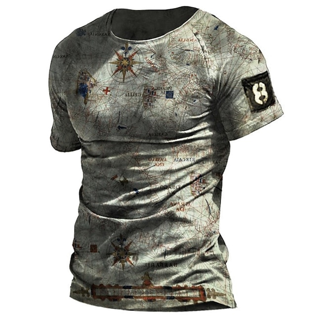 

Men's T shirt 3D Print Graphic Compass Crew Neck Casual Daily Print Short Sleeve Tops Casual Vintage Classic Designer Gray Light Brown Brown