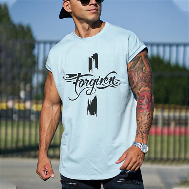 

Men's T shirt Hot Stamping Graphic Letter Crew Neck Casual Daily Print Short Sleeve Tops Lightweight Fashion Big and Tall Sports Light Blue