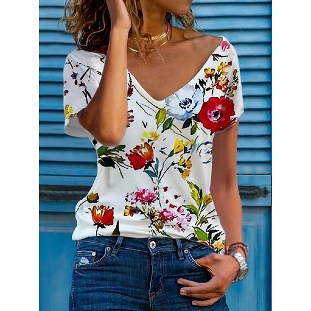 

Women's T shirt Flower Print V Neck Basic Tops White / 3D Print