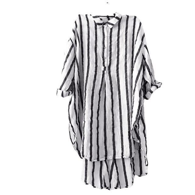 

Women's Plus Size Tops Shirt Striped Button Print Long Sleeve Shirt Collar Streetwear Daily Going out Cotton Spring Summer White