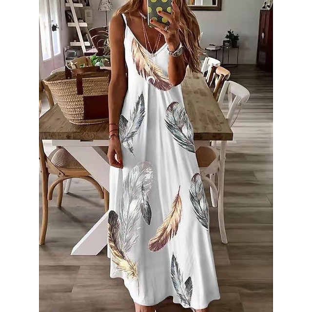  women‘s color geometric print long suspender unpositioned printing dress