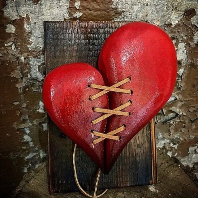 

Wood Broken Heart Leather Stitched Wood Acrylic Flat Patched Heart