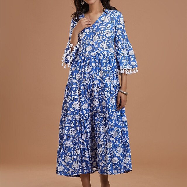 

Women's Shift Dress Midi Dress Blue Pink 3/4 Length Sleeve Floral Tassel Fringe Print Spring Summer V Neck Stylish Casual Vacation 2022 S M L XL XXL 3XL