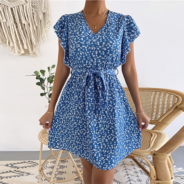 

Women's A Line Dress Short Mini Dress Blue Short Sleeve Floral Lace up Ruffle Print Spring Summer V Neck Casual Vacation 2022 S M L XL