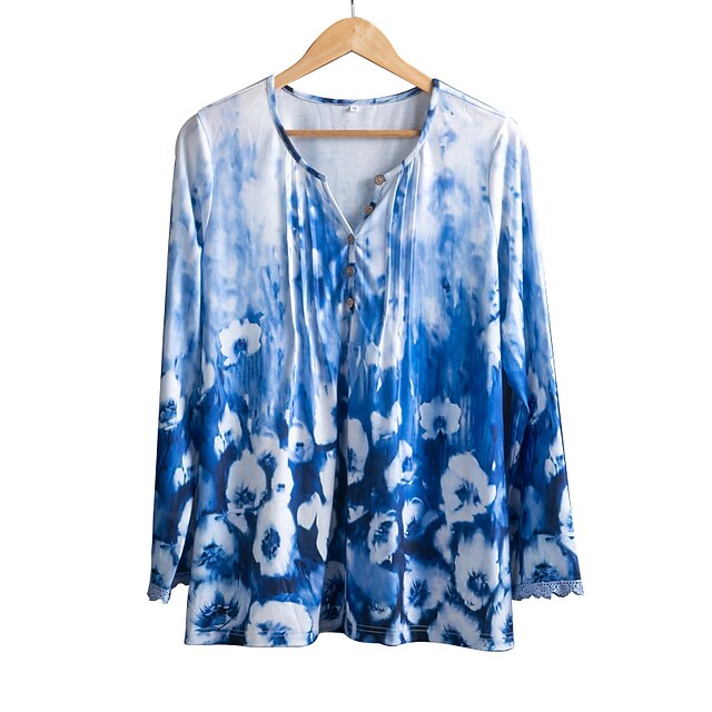 

Women's Plus Size Tops Blouse Shirt Color Gradient Long Sleeve Crewneck Vintage Daily Polyester Spring Blue
