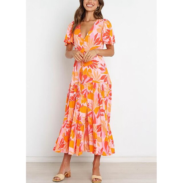 

Women's A Line Dress Midi Dress Yellow Short Sleeve Print Print Summer V Neck Elegant Vacation 2022 S M L XL