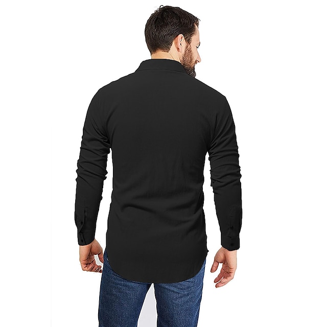 Mens Clothing Mens Shirts | Mens Shirt Solid Color Stand Collar Party Casual Button-Down Long Sleeve Tops Casual Streetwear Blac