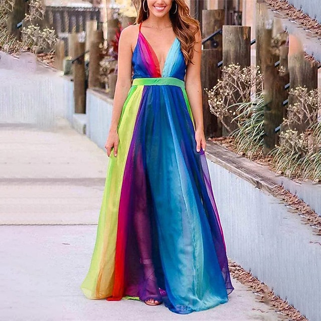 

Women's Swing Dress Maxi long Dress Green Blue Sleeveless Color Gradient Backless Mesh Print Fall Summer Deep U Spaghetti Strap Stylish Casual Boho 2022 S M L XL XXL