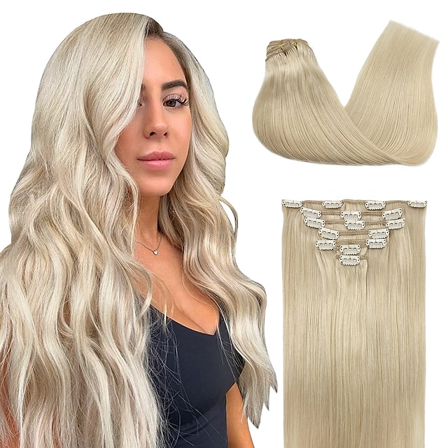  Extensii de păr blond platinat clip în păr uman 120g 7 buc. Extensii de păr remy cu clips de 20 inch drept gros extensii de păr natural natural pentru femei