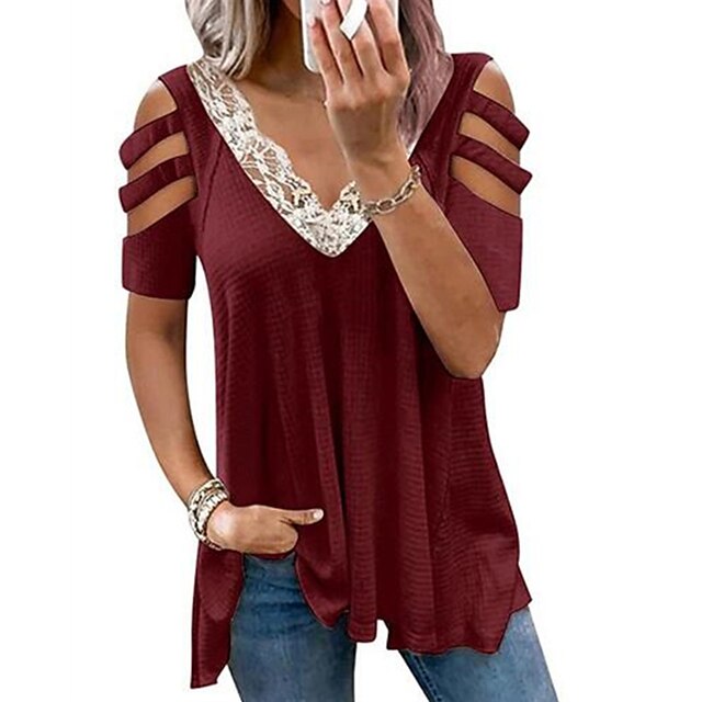 

Women's T shirt Plain Cut Out Lace Trims Flowing tunic V Neck Basic Tops White Black Pink