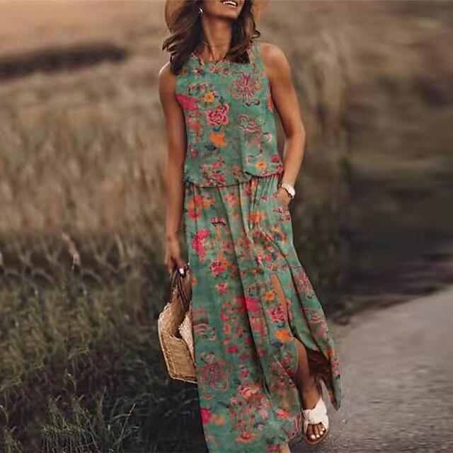 

Women's Casual Dress Maxi long Dress Green Blue Pink Fuchsia Dark Green Rainbow Yellow Sleeveless Rainbow Floral Split Pocket Print Spring Summer Round Neck Stylish Casual 2022 S M L XL XXL