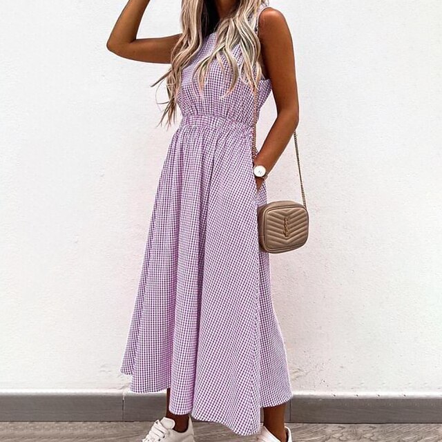 

Women's A Line Dress Midi Dress Gray Pink Khaki Dark Blue Red Beige Light Blue Sleeveless Plaid Hollow Out Spring Summer Round Neck Casual 2022 S M L XL XXL