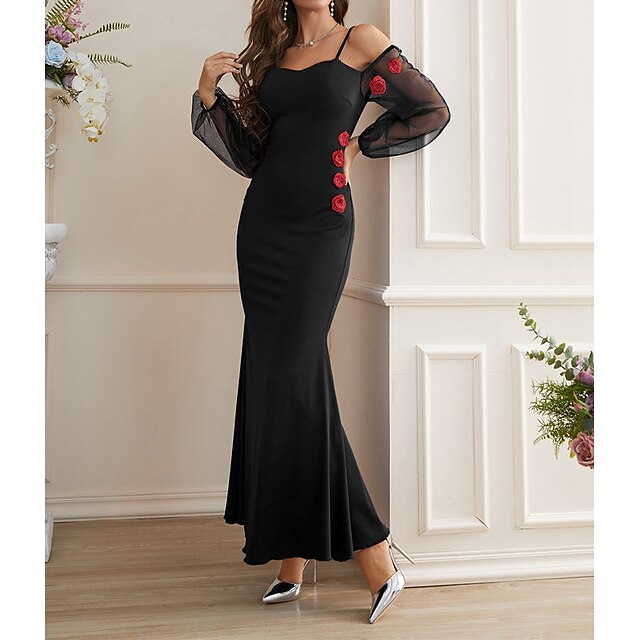 

Women's A Line Dress Maxi long Dress Prom Dress Black Dark Blue Long Sleeve Pure Color Animal Chiffon Spring Summer cold shoulder Elegant Luxurious Elegant Party Puff Sleeve Slim Mesh S M L XL
