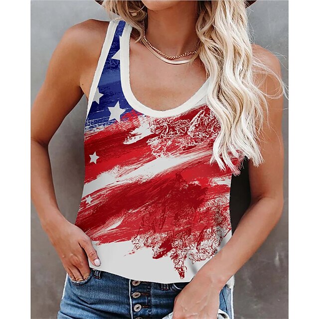 

Women's Independence Day Camis Color Gradient Abstract National Flag Patchwork Print Round Neck Casual Tops Blue Red Beige / 3D Print