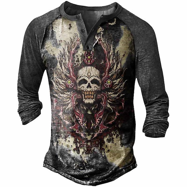 

Men's Henley Shirt Tee T shirt 3D Print Graphic Skull Plus Size Henley Casual Daily Button-Down Print Long Sleeve Tops Casual Retro Designer Military Dark Gray