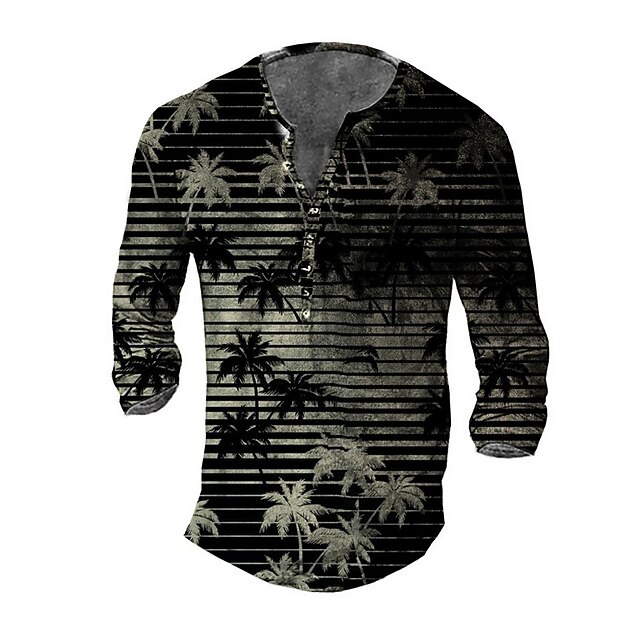 

Men's Henley Shirt Tee T shirt 3D Print Striped Graphic Coconut Tree Plus Size Henley Daily Sports Button-Down Print Long Sleeve Tops Casual Vintage Classic Designer Black