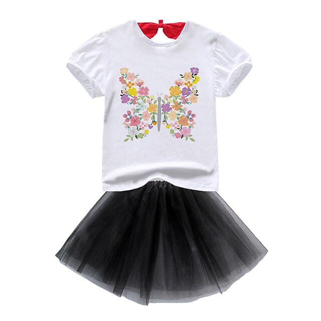 

Kids Girls' T-shirt Skirt SkirtSet Clothing Set 2 Pieces Short Sleeve Black Floral Butterfly Animal Mesh Bow Print Street Indoor Vacation Active Casual Fashion Daily Mini 2-8 Years