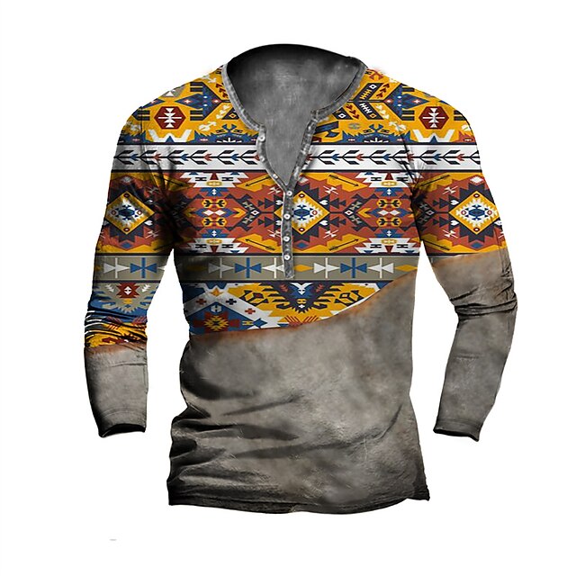 

Men's Henley Shirt T shirt 3D Print Graphic Tribal Henley Casual Daily Button-Down Print Long Sleeve Tops Casual Vintage Classic Designer Orange Red Brown