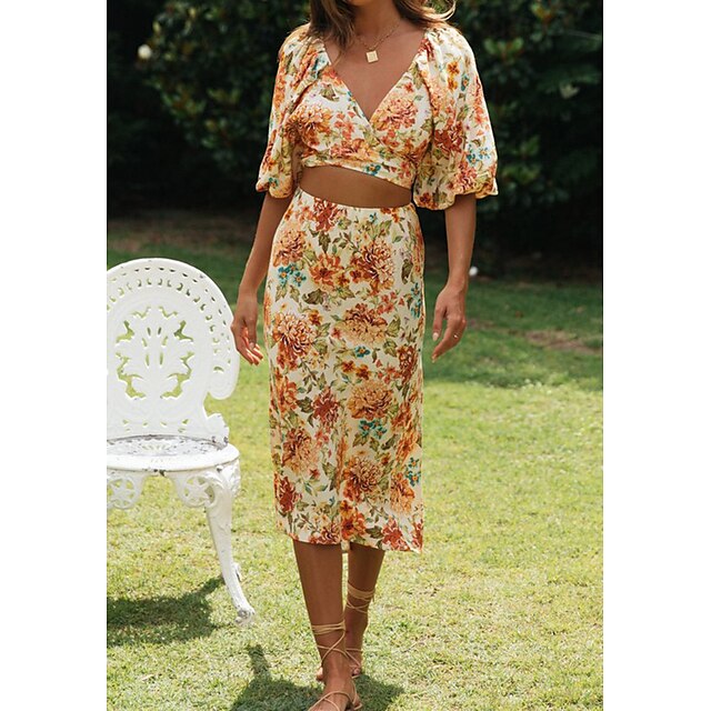 

Women's Streetwear Floral Holiday Vacation Two Piece Set V Neck Crop Top Blouse Skirt Sets Skirt Midi Skirt Drawstring Tops
