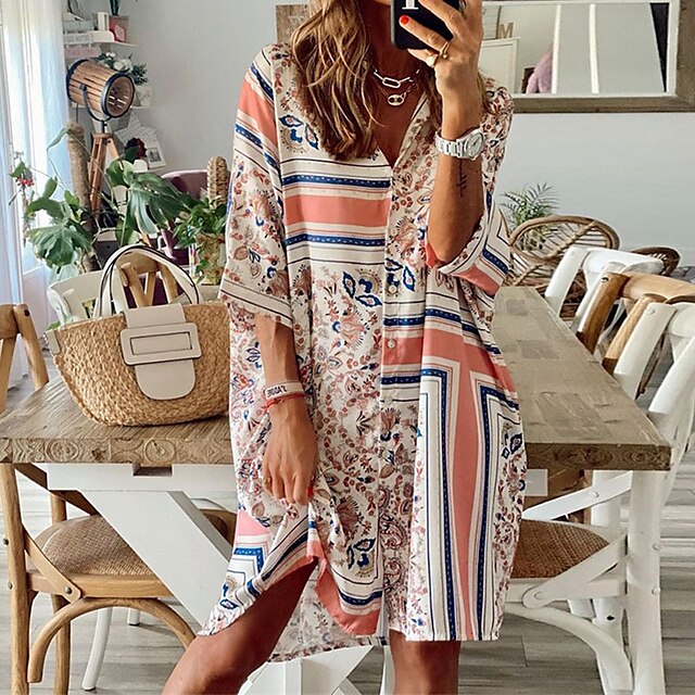 

Women's Shift Dress Short Mini Dress Beige 3/4 Length Sleeve Floral Striped Color Block Button Print Spring Summer Shirt Collar Stylish Casual 2022 S M L XL