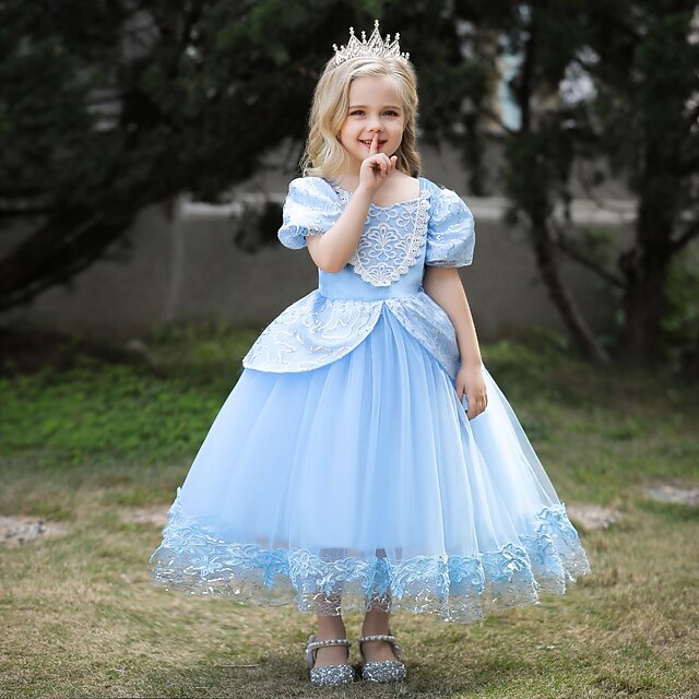 

Kids Little Girls' Dress Plain Tulle Dress Party Birthday Mesh Lace Trims Blue Maxi Short Sleeve Beautiful Cute Dresses Children's Day Spring Summer Slim 3-10 Years