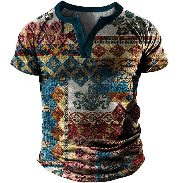 

Men's Henley Shirt Tee T shirt 3D Print Graphic Argyle Henley Casual Daily Button-Down Print Short Sleeve Tops Fashion Vintage Big and Tall Military Style Brown / Summer