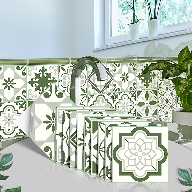  10 pçs adesivos de azulejo verde espesso para cozinha papel autoadesivo adesivo de azulejo verde para banheiro à prova de óleo adesivo de parede removível à prova d'água adesivo de chão