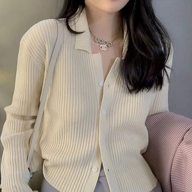 

Women's Cardigan Knitted Pure Color Stylish Long Sleeve Sweater Cardigans Shirt Collar Spring Summer Blue Black Pink
